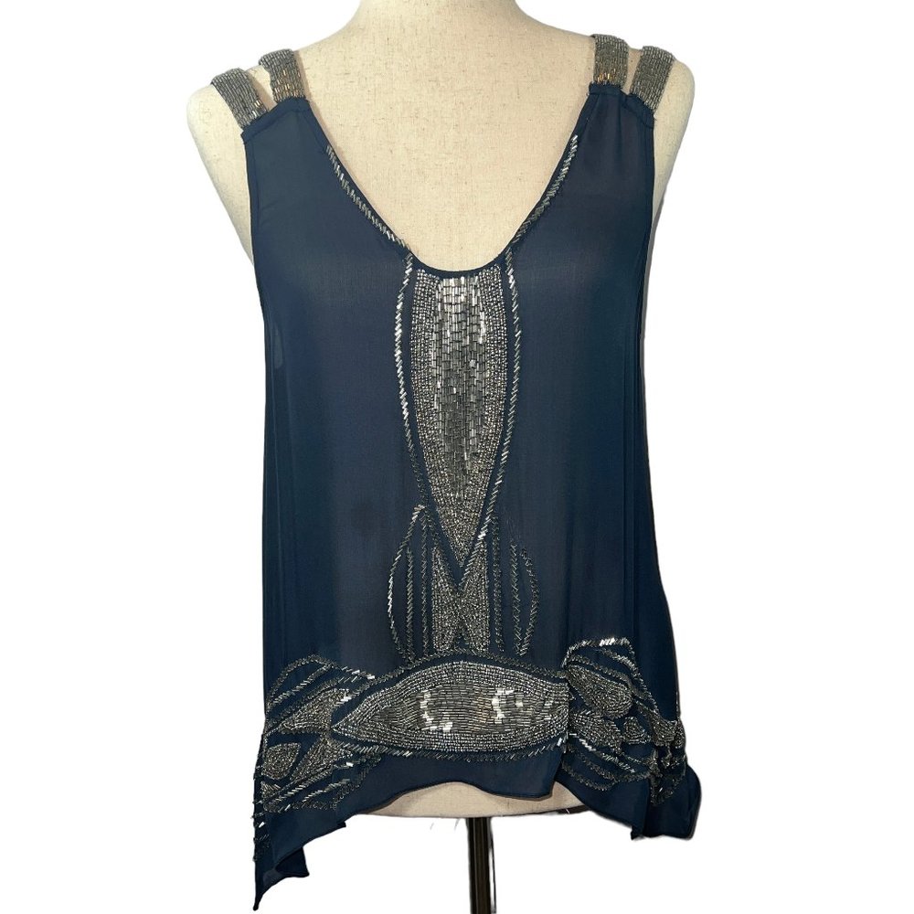 Gorgeous! LN Designer Parker Navy Silk Art Deco Style Embroidered Tank T…